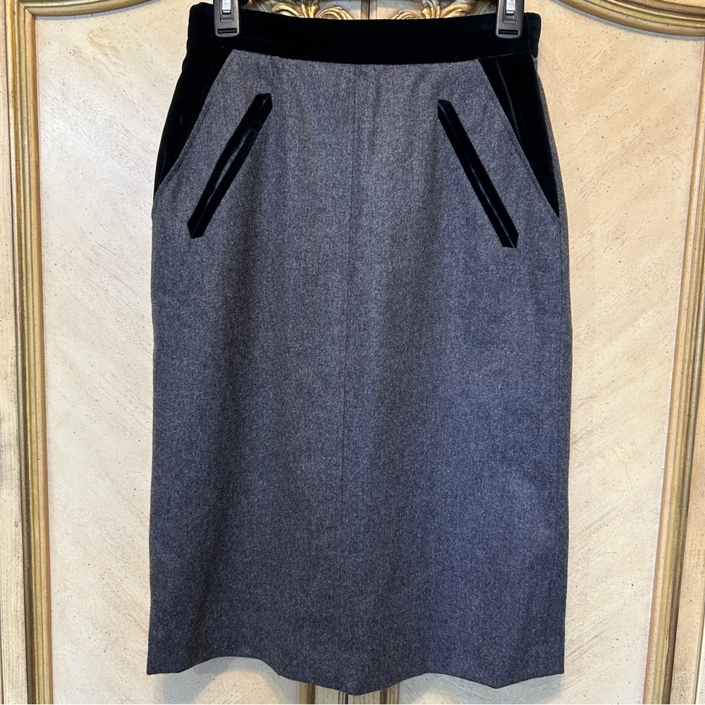 Vintage Louis Feraud Gray Wool & Black Velvet Skirt